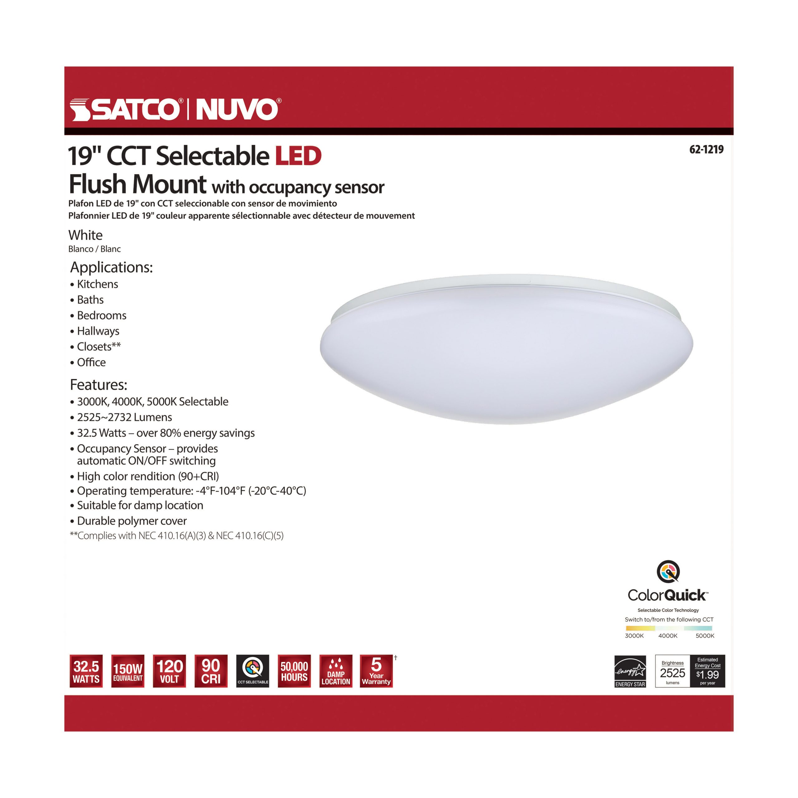 19 inch; Flush Mounted LED Fixture; CCT Selectable; Round; White ...